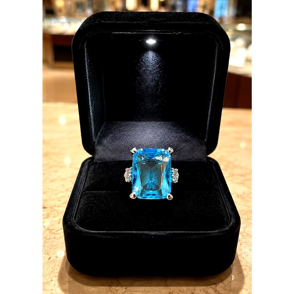 Zircon Platinum Blue Rectangle Ring Size 7